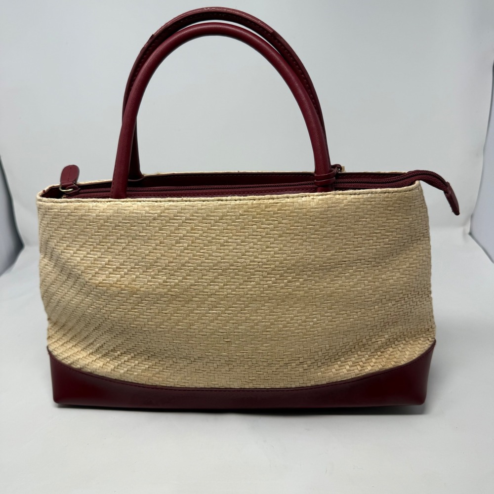 Etienne Aigner Woven Straw Burgundy Leather Trim Satchel Handbag Zip Top